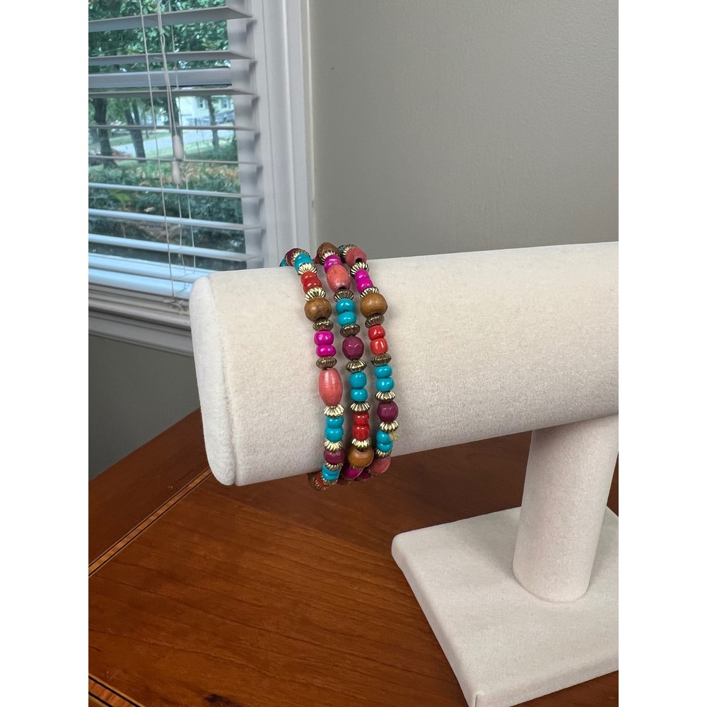 Lot of 3 Multi Color Beaded Stretch Bracelets Boho Wood Gold Tone Accents Womens